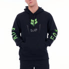 Black hoodie with green Fox logo on a white background