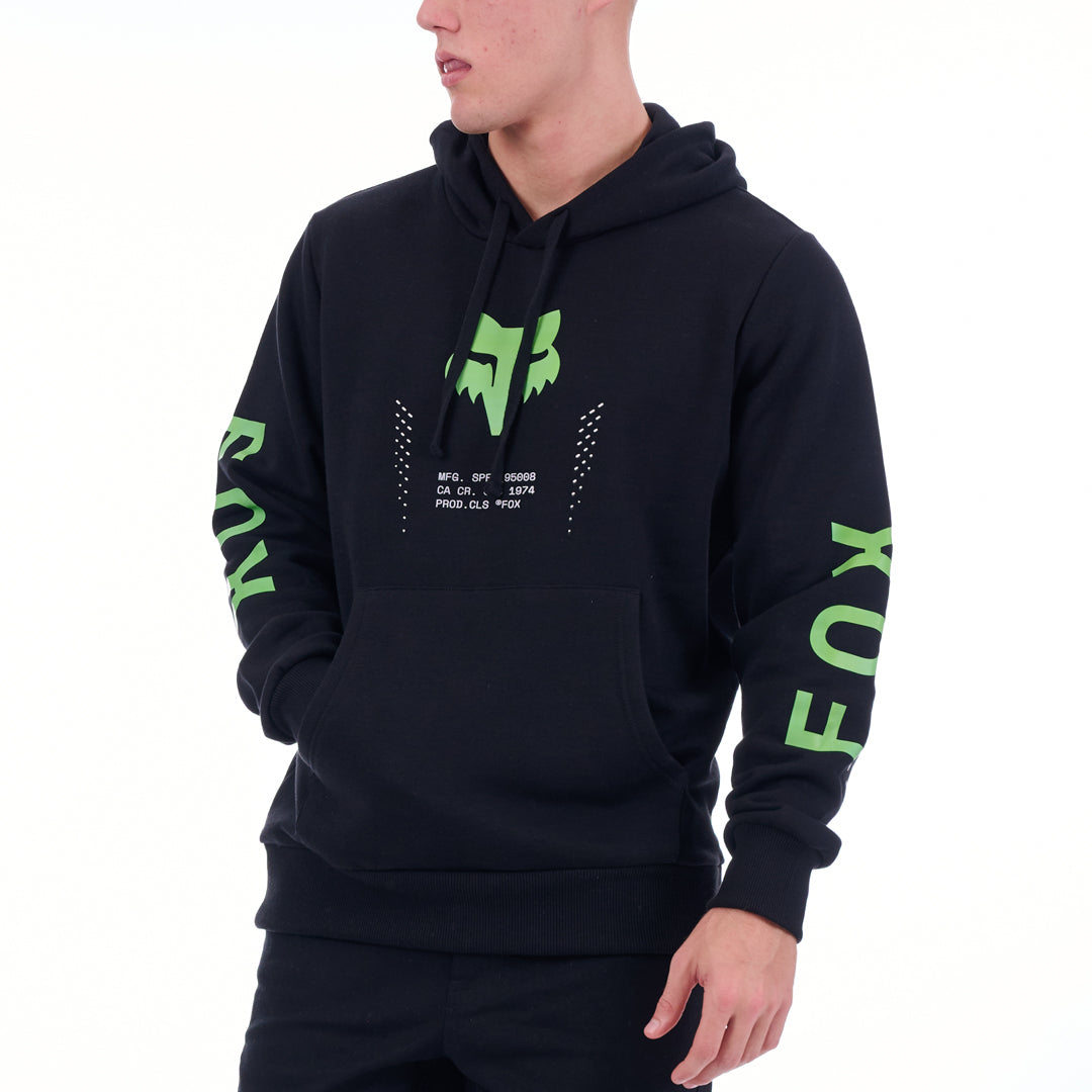 Black hoodie with green Fox logo on a white background