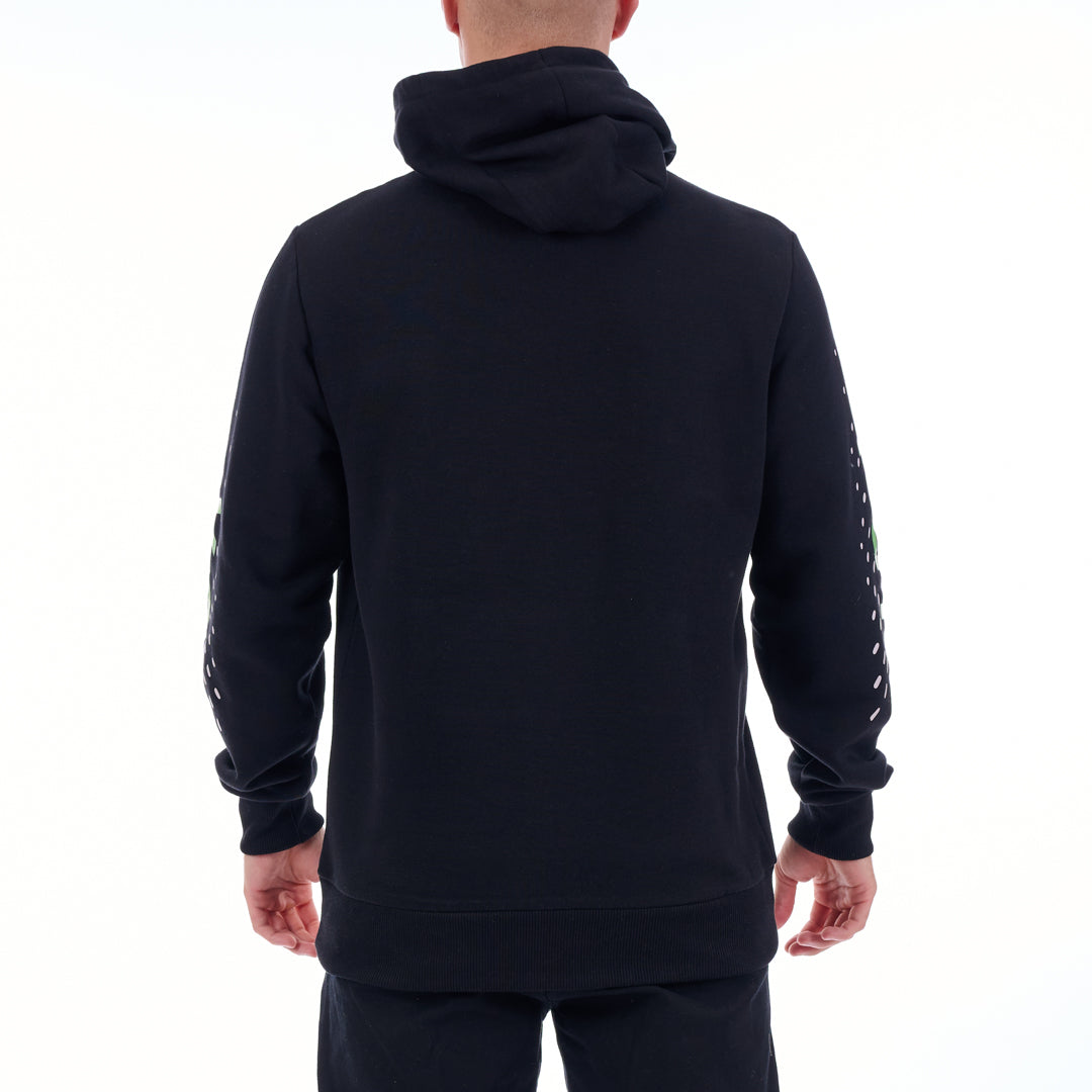 Black hoodie with white text on sleeves worn by a person on a white background