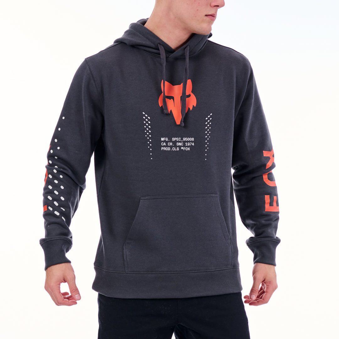 Gray hoodie with orange logo and text on a white background