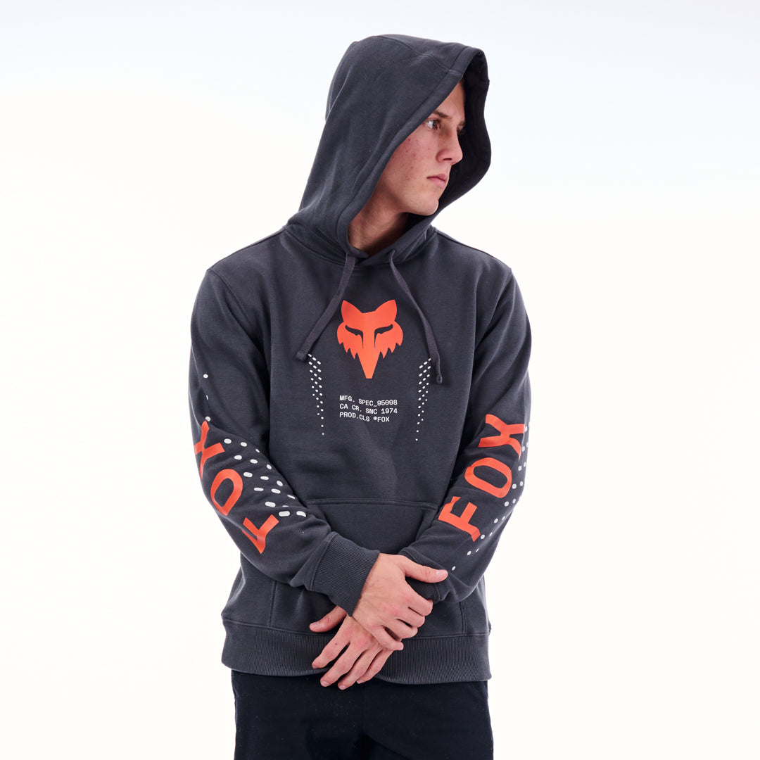 Person wearing a dark gray hoodie with orange Fox logo on a white background