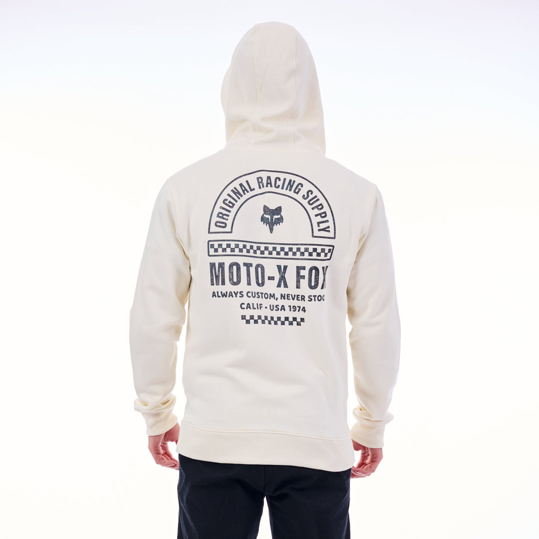 White hoodie with branding on the back against a white background