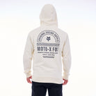 White hoodie with branding on the back against a white background