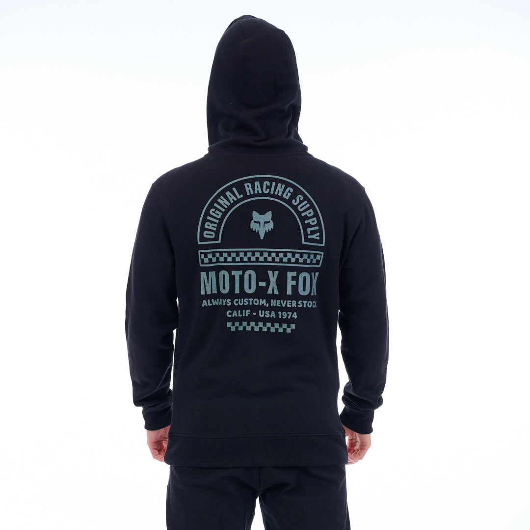 Black hoodie with 'Moto-X Fox' branding on the back against a white background