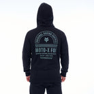 Black hoodie with 'Moto-X Fox' branding on the back against a white background