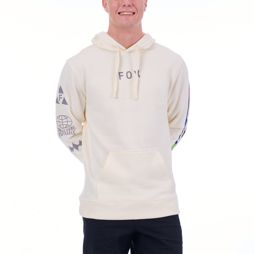 Person wearing a cream hoodie with brand logos on a white background