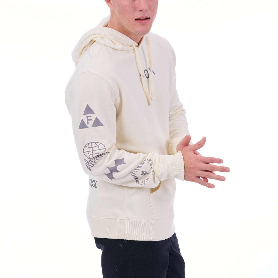 Person wearing a cream hoodie with graphic designs on sleeves against a white background