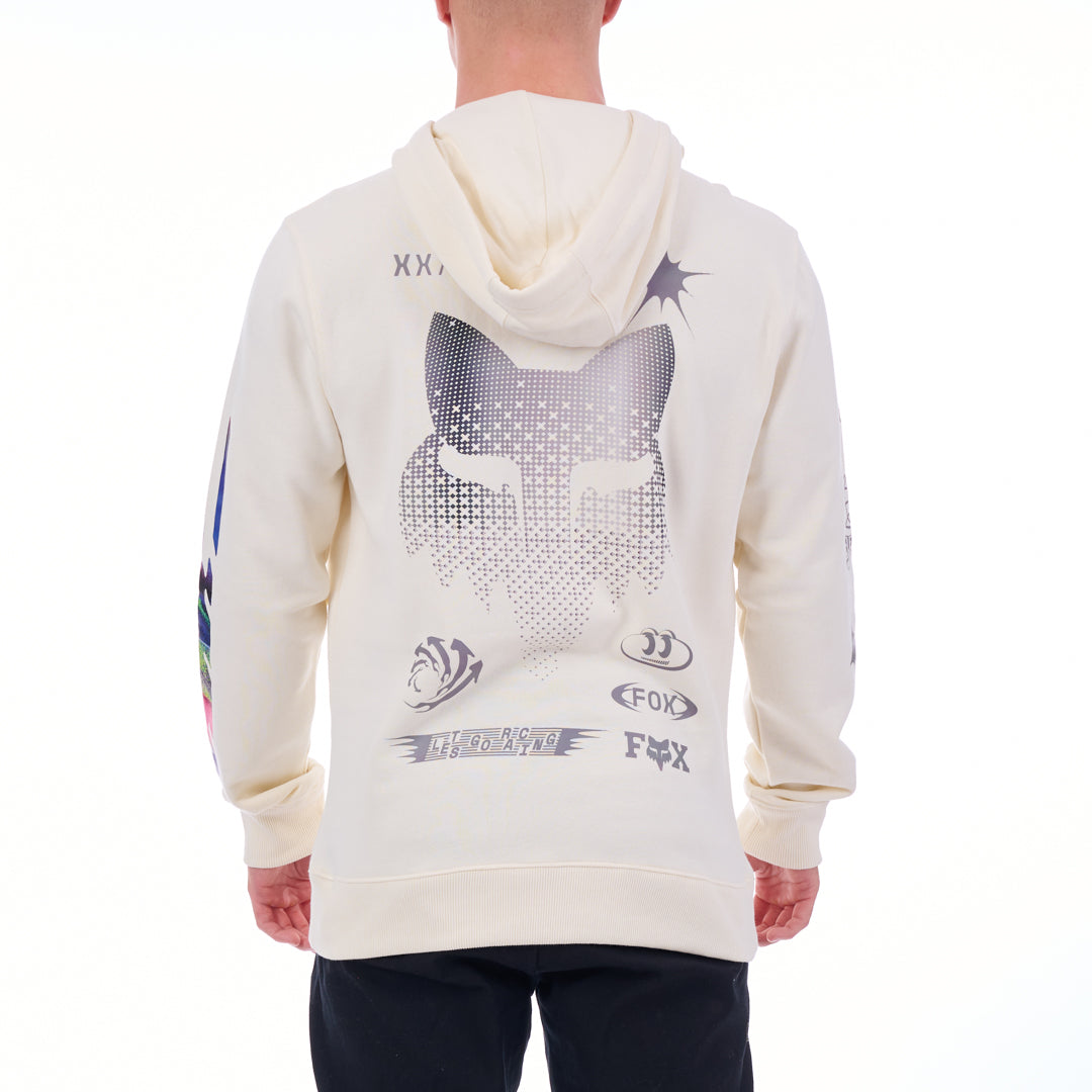 White hoodie with graphics and text on the back, worn by a person on a white background