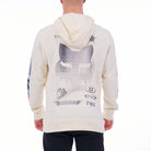 White hoodie with graphics and text on the back, worn by a person on a white background