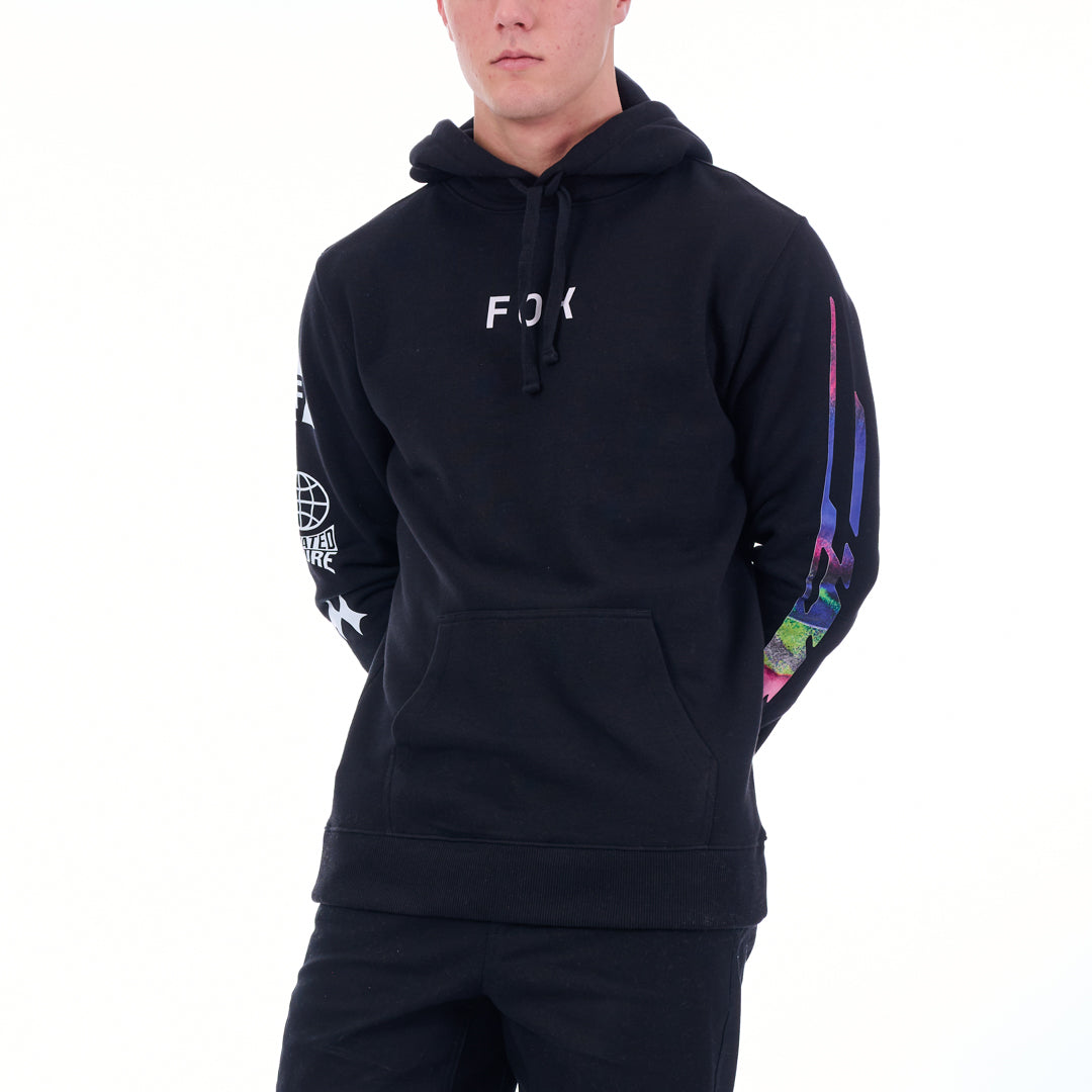 Black hoodie with colorful sleeve designs on a white background