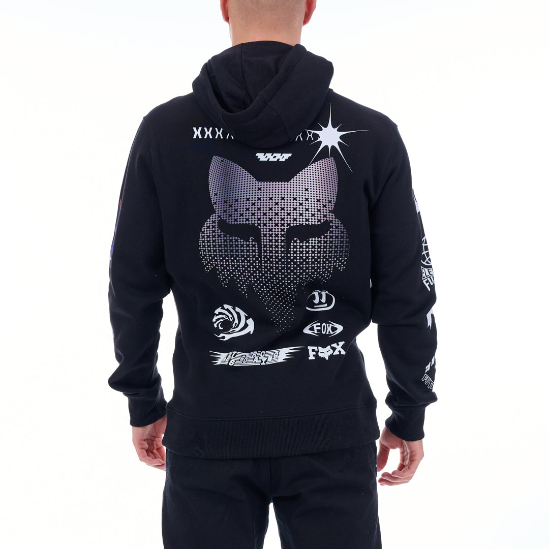 Black hoodie with white graphics and text on a white background