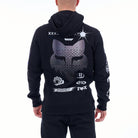 Black hoodie with white graphics and text on a white background