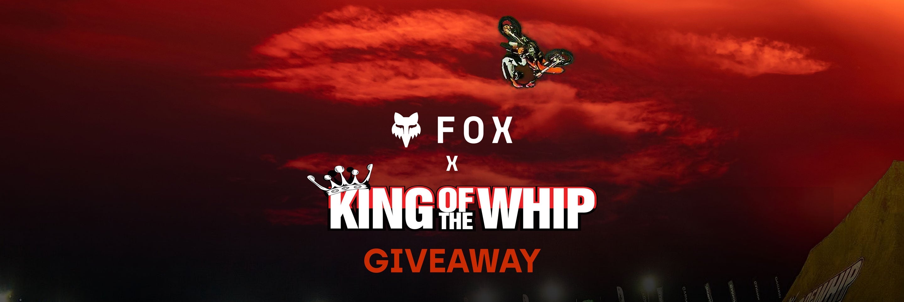 Promotional graphic for a giveaway featuring 'King of the Whip' with a red sky and 'Fox' branding.